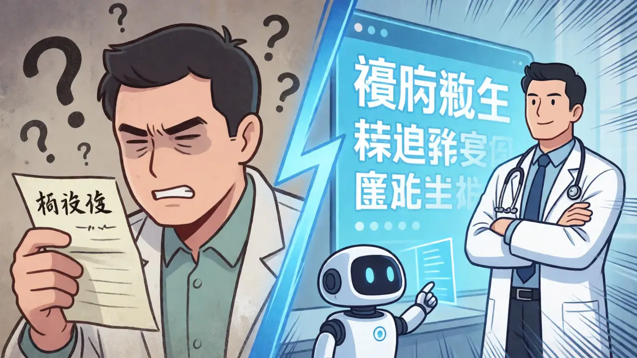 Split-screen cartoon comparing confused handwritten prescriptions with clear e-prescribing