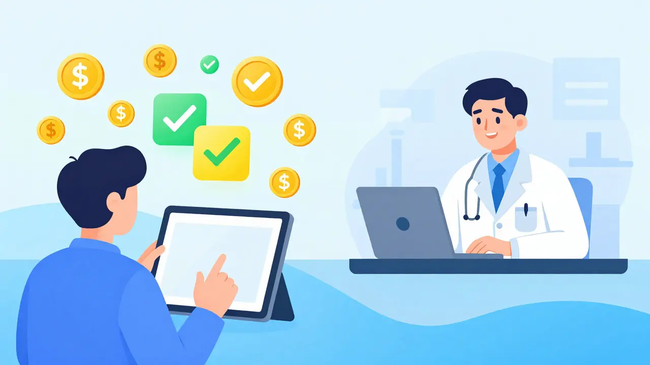 Split-screen manhua art comparing online coupon usage and telehealth video consultations