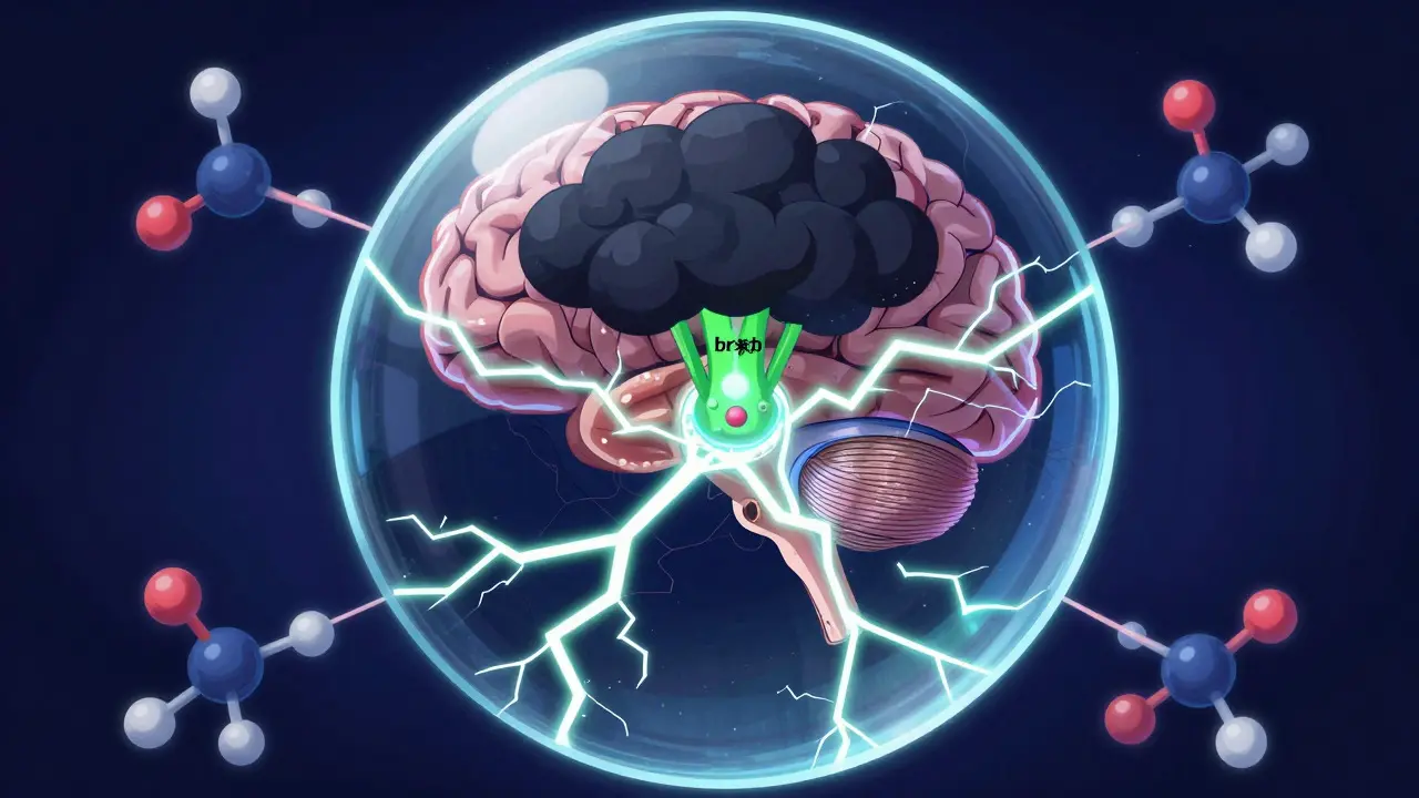 Stylized brain diagram showing electrical seizures and drug interaction