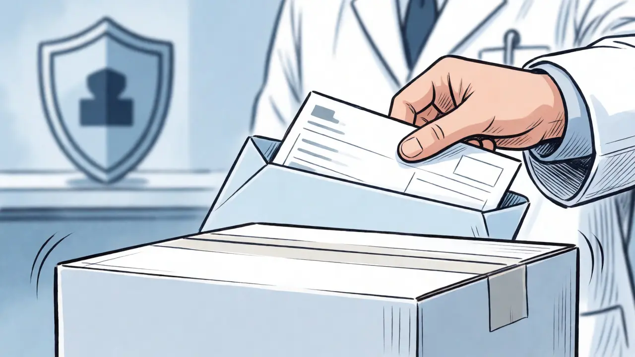 Hand sealing a discreet package with prescription symbols in background